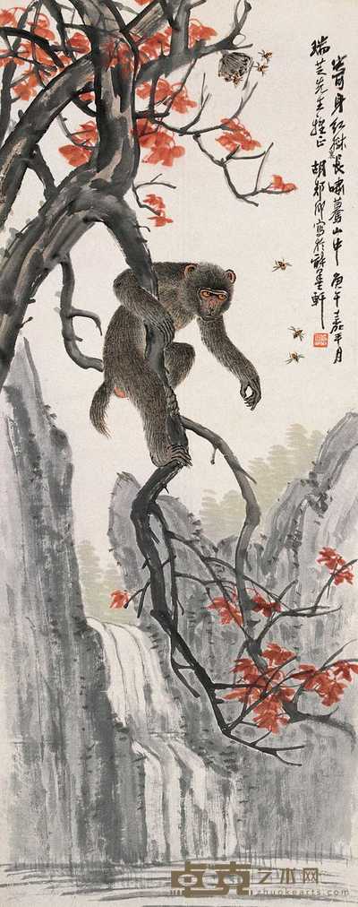 胡郯卿 1930年作 枫猴图 立轴 114×45cm